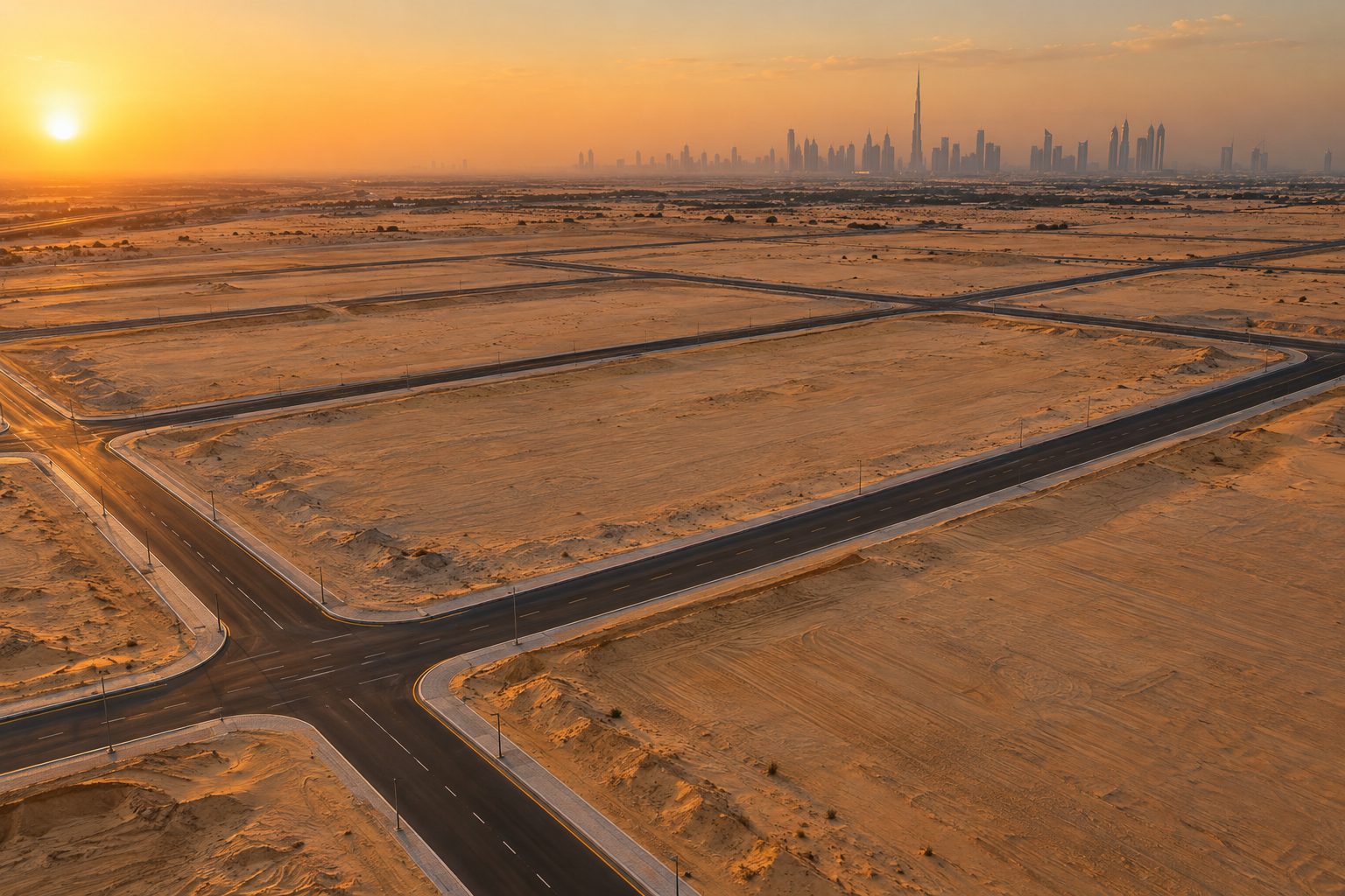 Aerial view of serviced plots divided by a new road grid