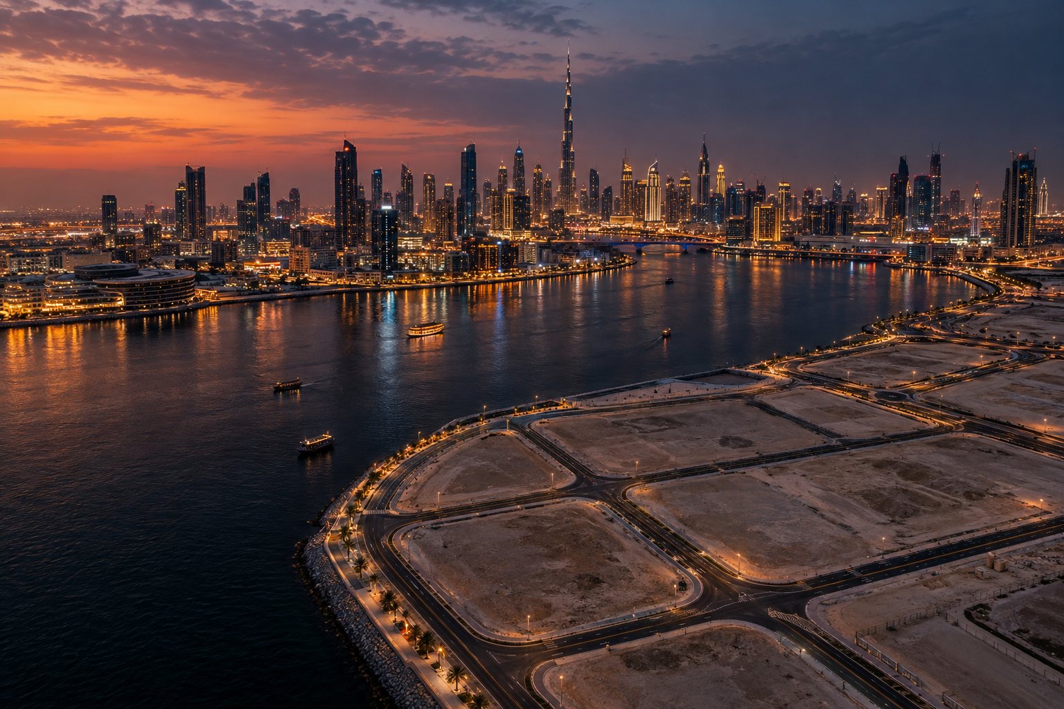 Vacant waterfront plots at Al Jaddaf on Dubai Creek with the Downtown skyline across the water