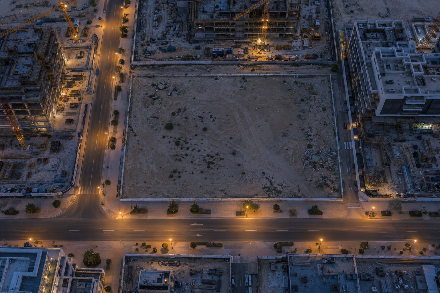 Top-down view of a single vacant rectangular plot at dusk, bordered by a lit street with neighbouring sites under construction
